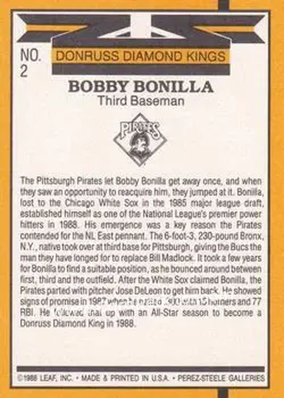1989 Donruss #2 - Bobby Bonilla - Pittsburgh Pirates - Back