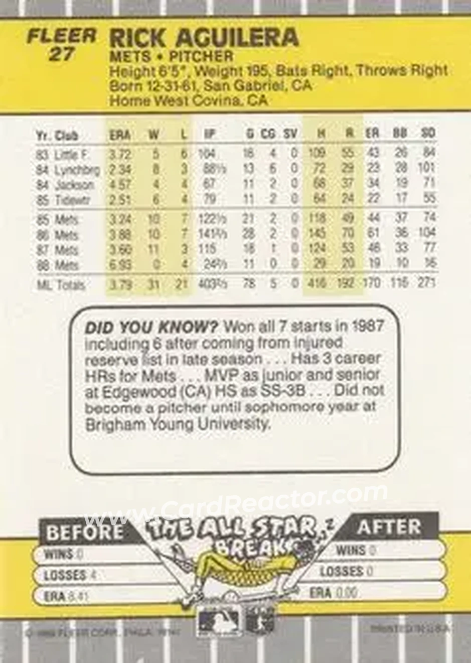 1989 Fleer #27 - Rick Aguilera - New York Mets - Back 1989 Fleer #27 - Rick Aguilera - New York Mets - Back