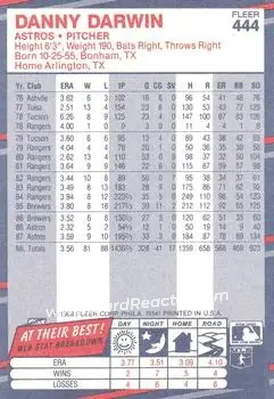 1988 Fleer #444 - Danny Darwin - Houston Astros - Back 1988 Fleer #444 - Danny Darwin - Houston Astros - Back