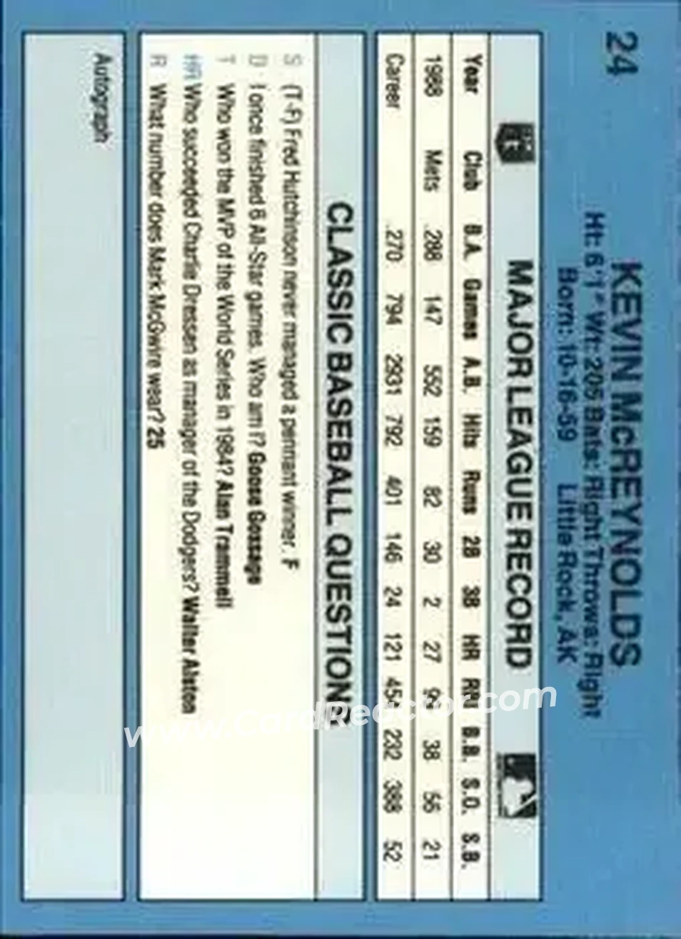 1989 Classic #24 - Kevin McReynolds - New York Mets - Back