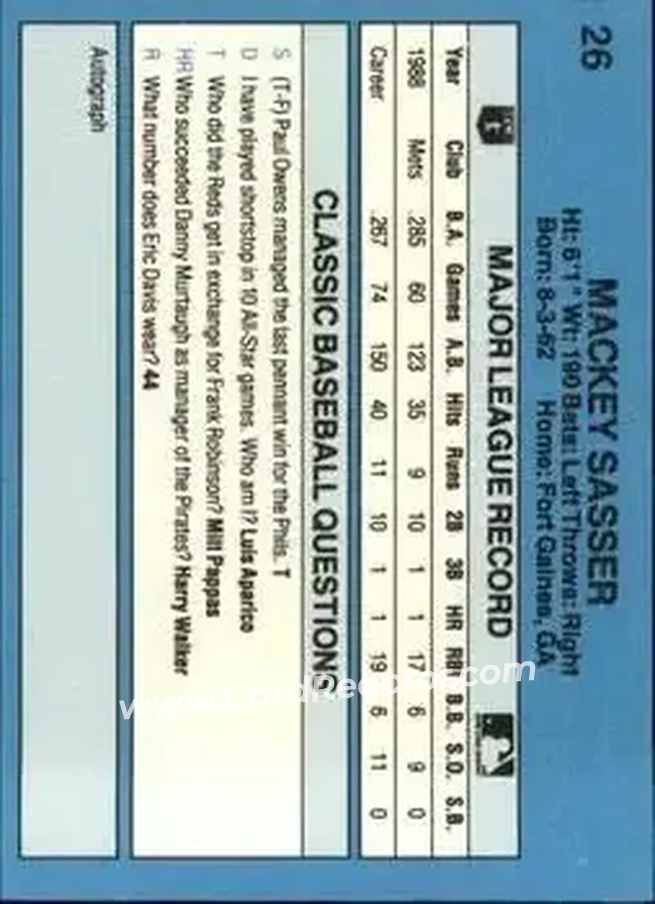 1989 Classic #26 - Mackey Sasser - New York Mets - Back 1989 Classic #26 - Mackey Sasser - New York Mets - Back