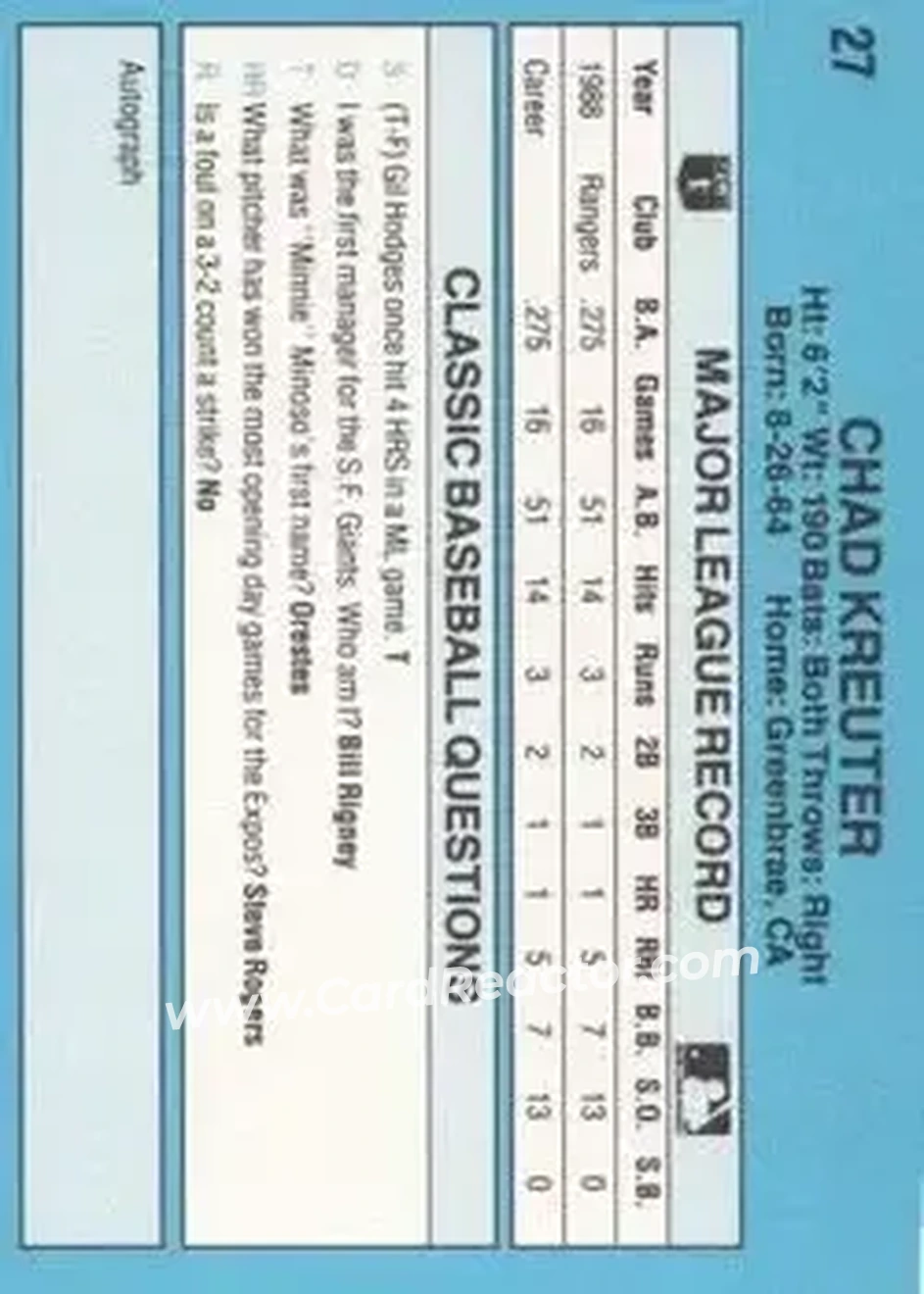 1989 Classic #27 - Chad Kreuter - Texas Rangers - Back