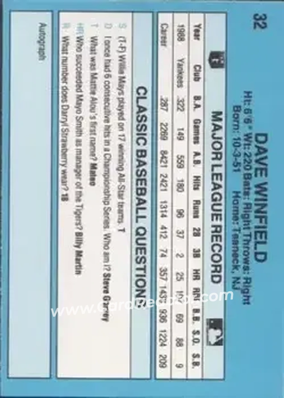 1989 Classic #32 - Dave Winfield - New York Yankees - Back 1989 Classic #32 - Dave Winfield - New York Yankees - Back
