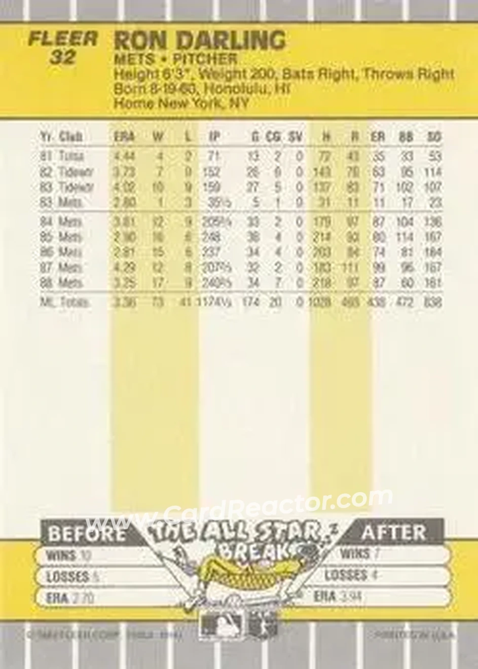 1989 Fleer #32 - Ron Darling - New York Mets - Back