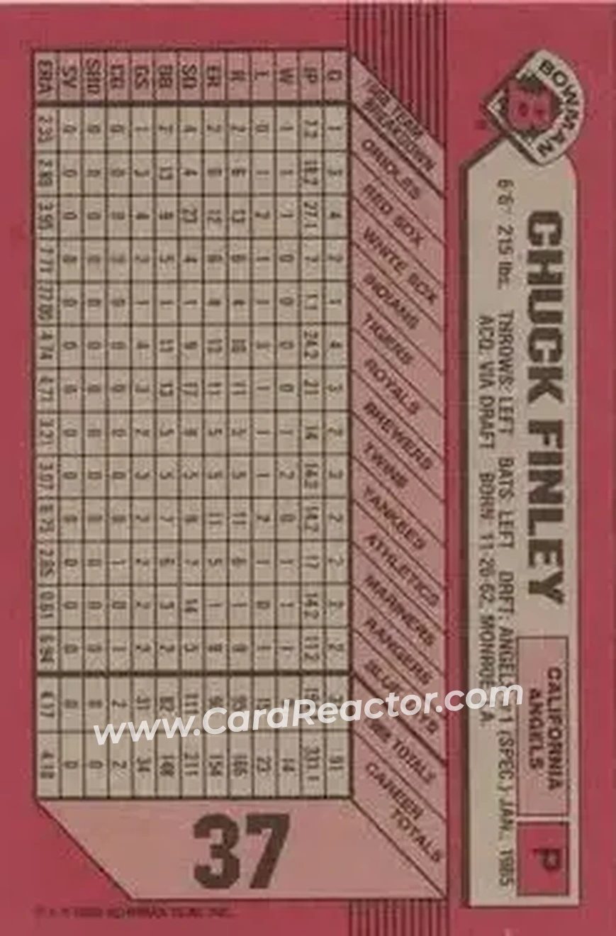 1989 Bowman #37 - Chuck Finley - California Angels - Back 1989 Bowman #37 - Chuck Finley - California Angels - Back