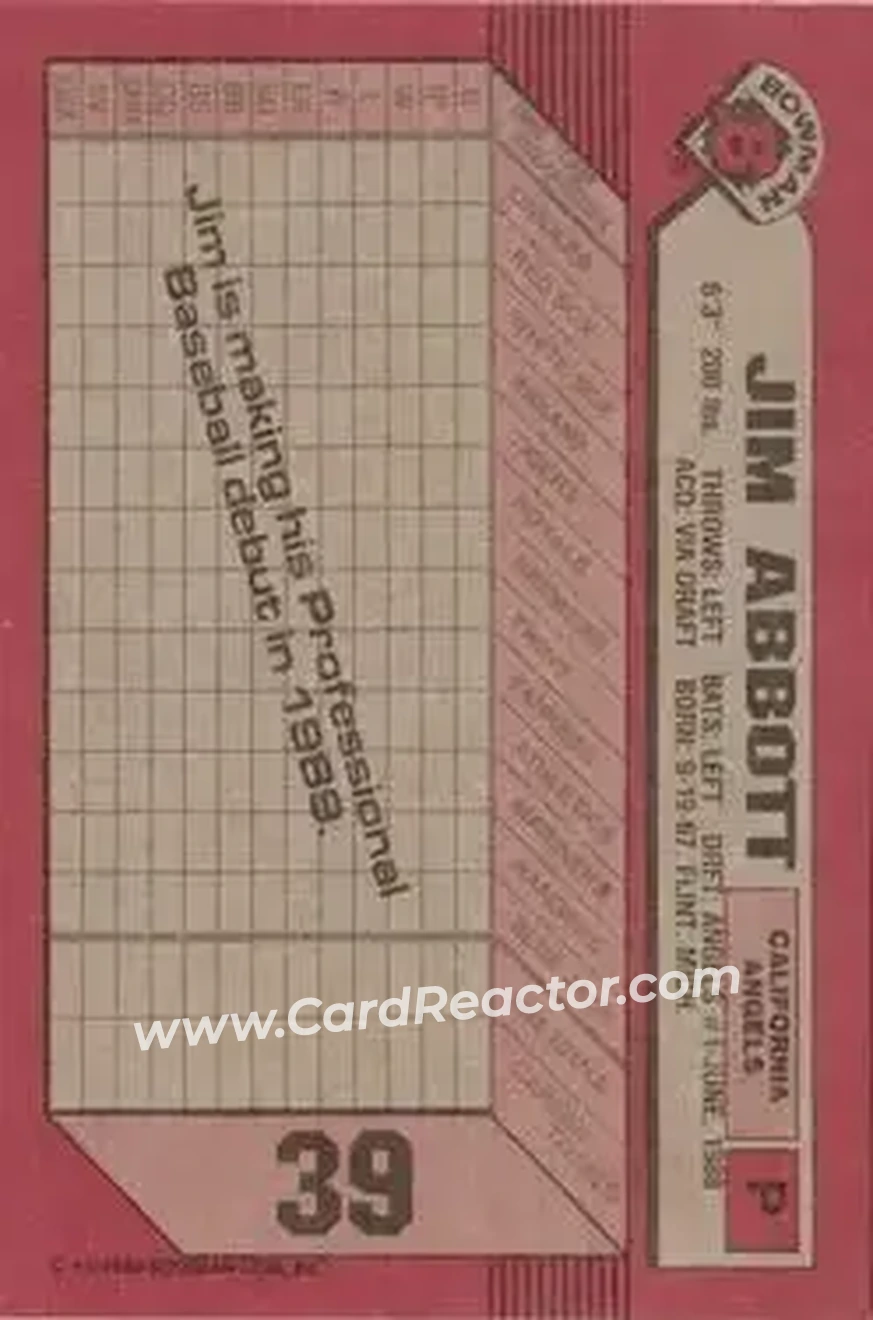 1989 Bowman #39 - Jim Abbott - California Angels - Back 1989 Bowman #39 - Jim Abbott - California Angels - Back