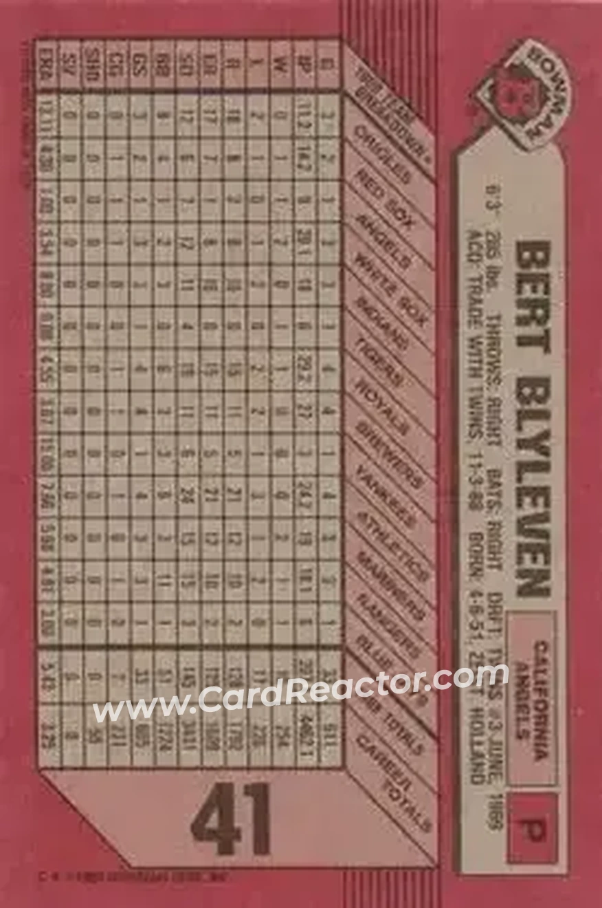 1989 Bowman #41 - Bert Blyleven - California Angels - Back