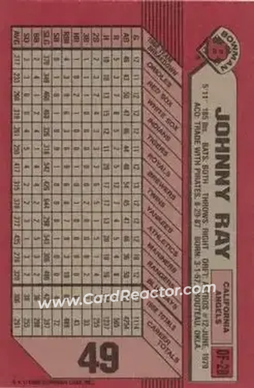 1989 Bowman #49 - Johnny Ray - California Angels - Back 1989 Bowman #49 - Johnny Ray - California Angels - Back