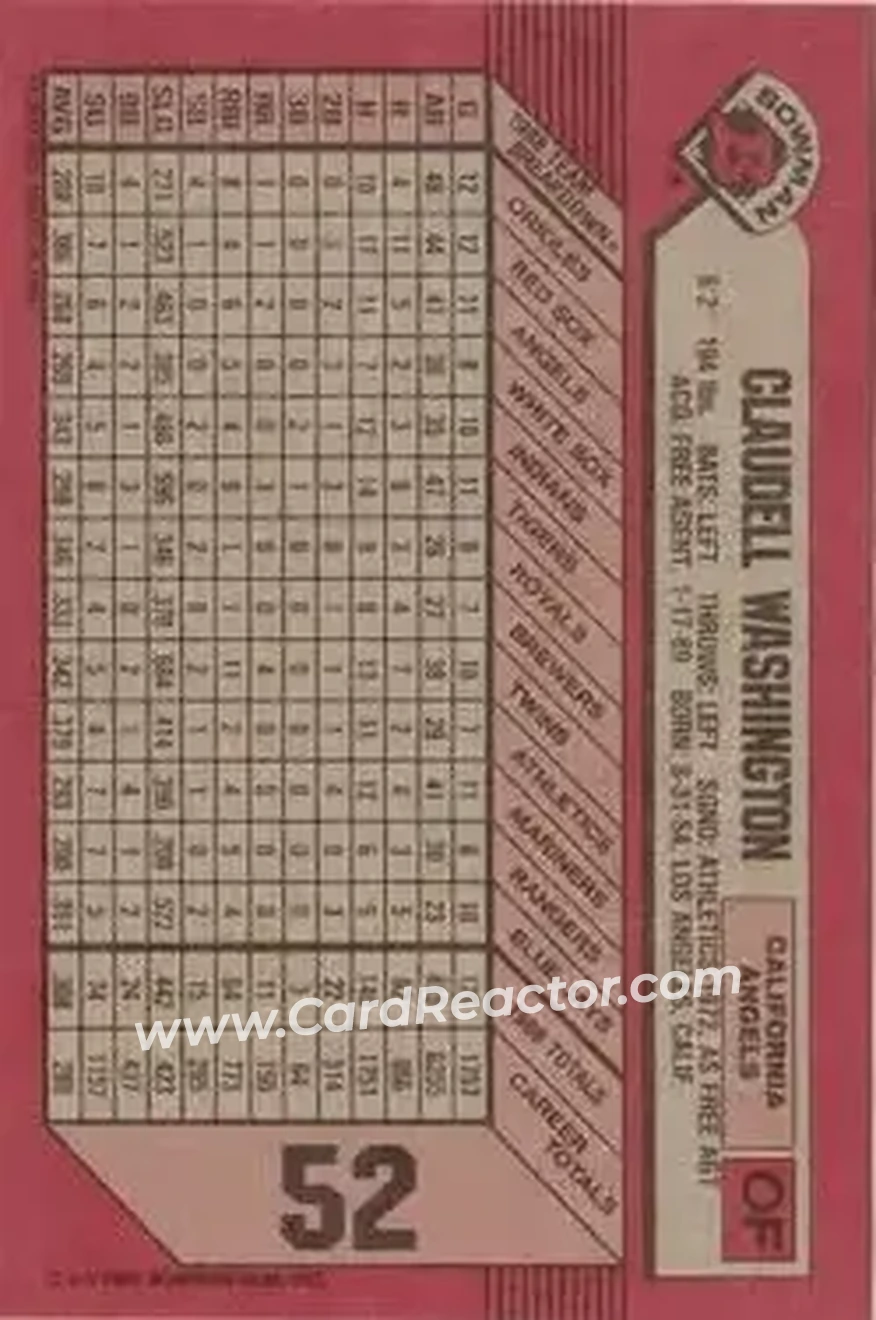1989 Bowman #52 - Claudell Washington - California Angels - Back