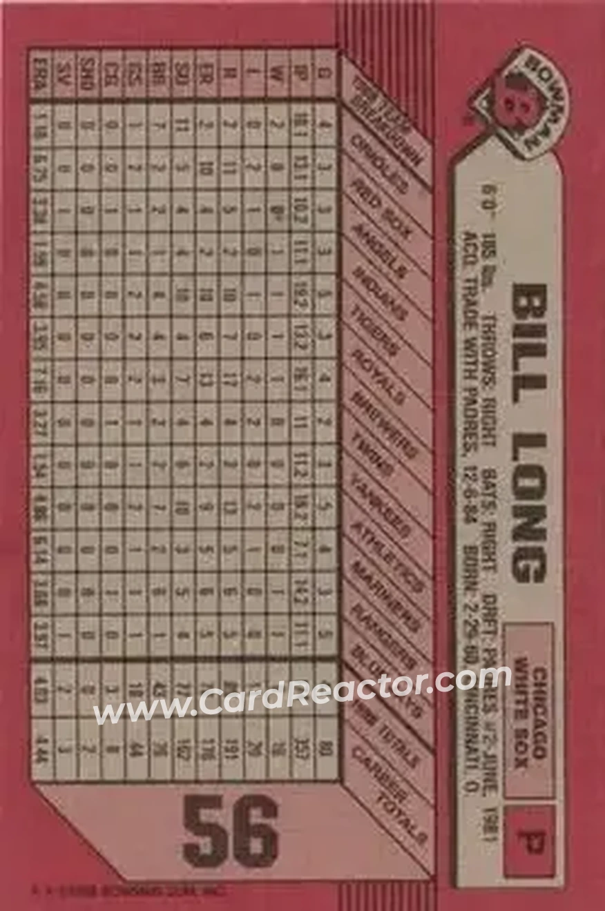 1989 Bowman #56 - Bill Long - Chicago White Sox - Back