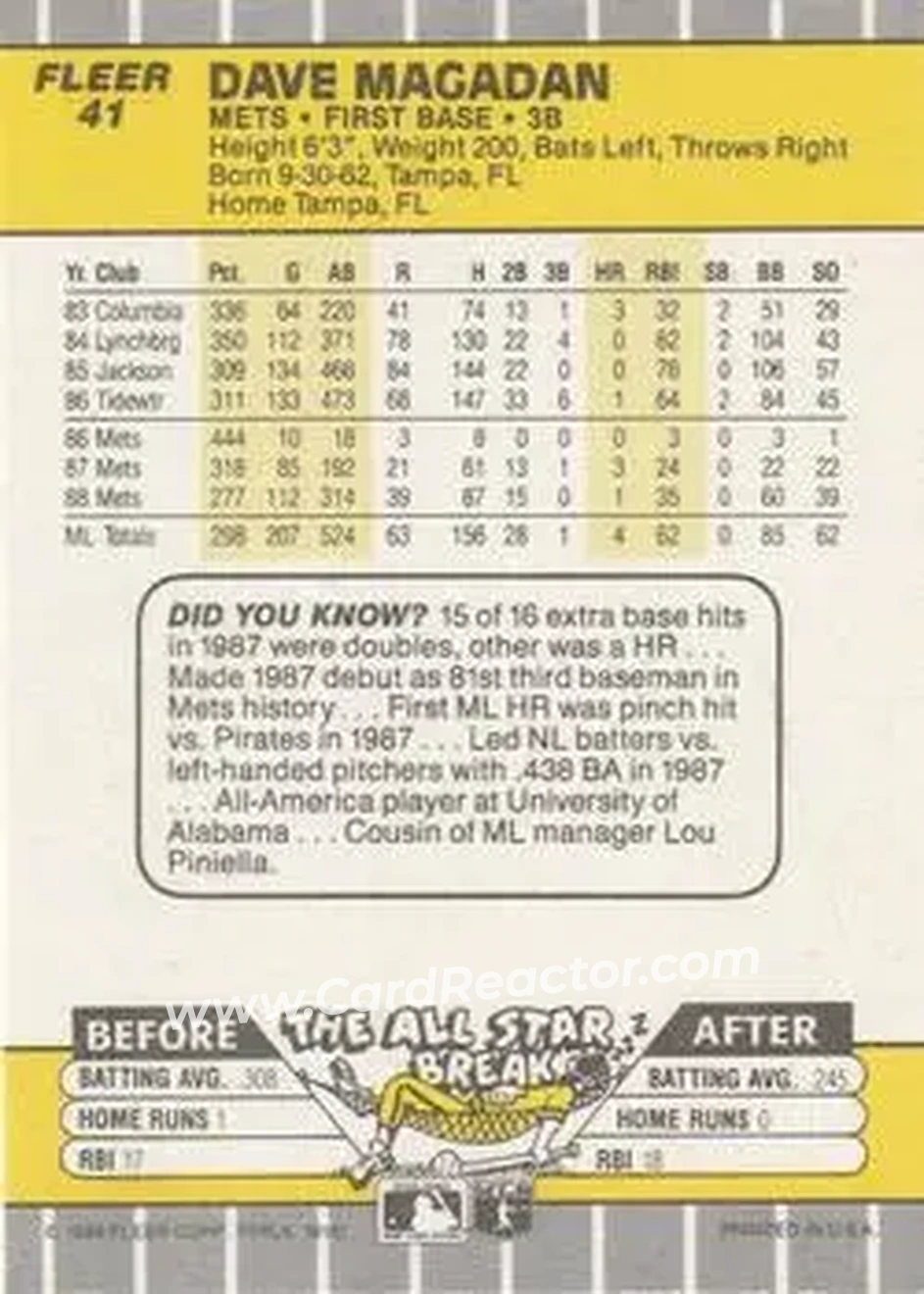 1989 Fleer #41 - Dave Magadan - New York Mets - Back