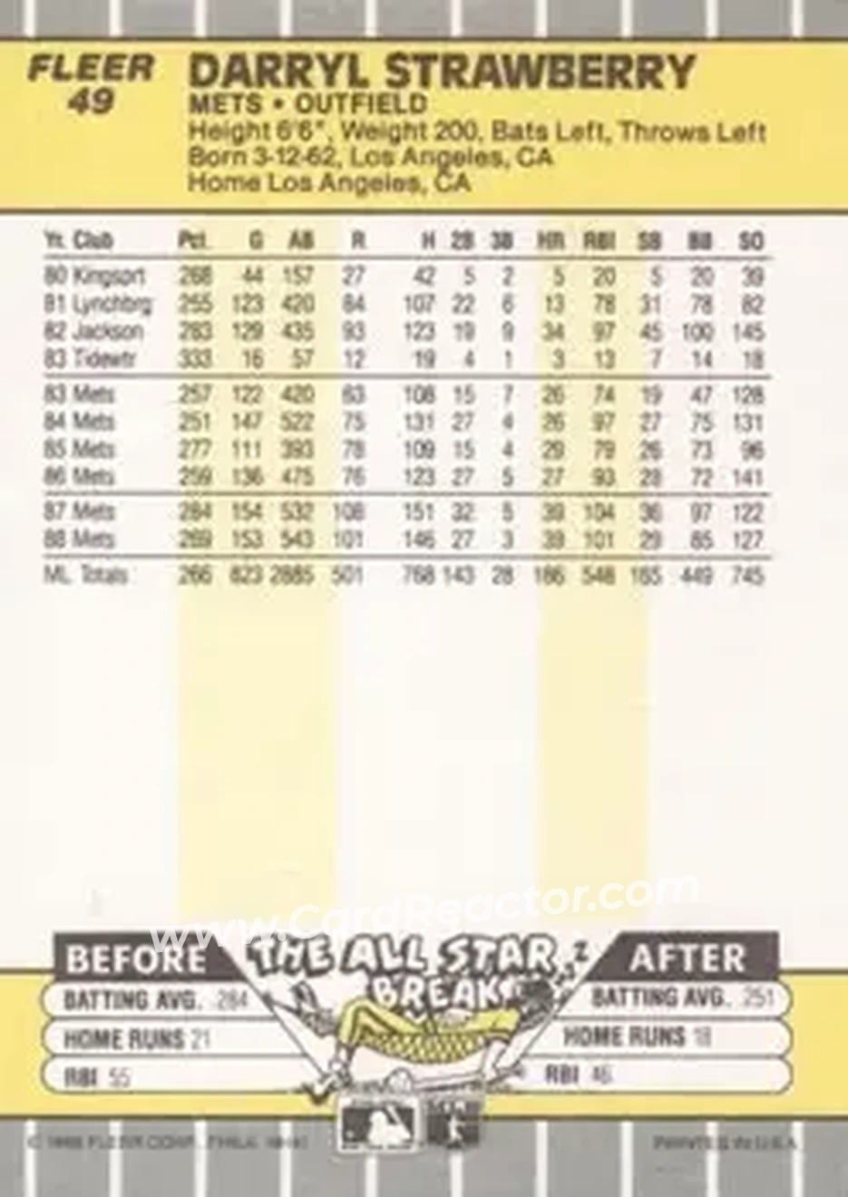 1989 Fleer #49 - Darryl Strawberry - New York Mets - Back 1989 Fleer #49 - Darryl Strawberry - New York Mets - Back