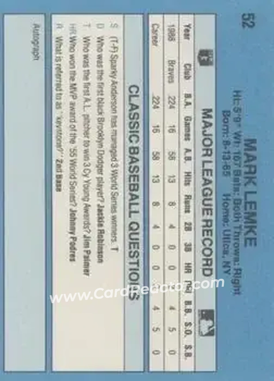 1989 Classic #52 - Mark Lemke - Atlanta Braves - Back