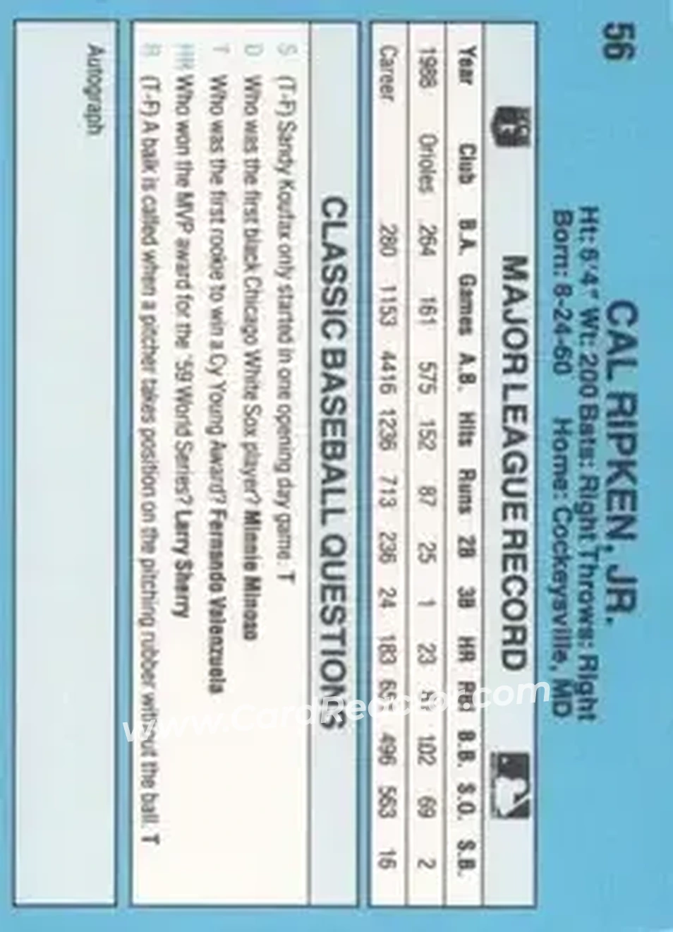 1989 Classic #56 - Cal Ripken - Baltimore Orioles - Back 1989 Classic #56 - Cal Ripken - Baltimore Orioles - Back