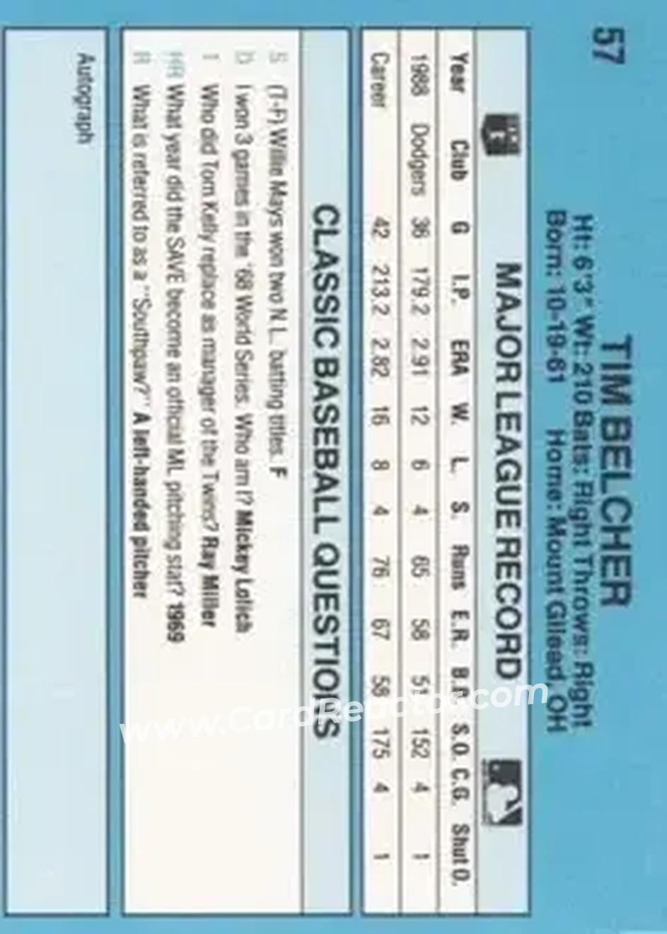 1989 Classic #57 - Tim Belcher - Los Angeles Dodgers - Back 1989 Classic #57 - Tim Belcher - Los Angeles Dodgers - Back