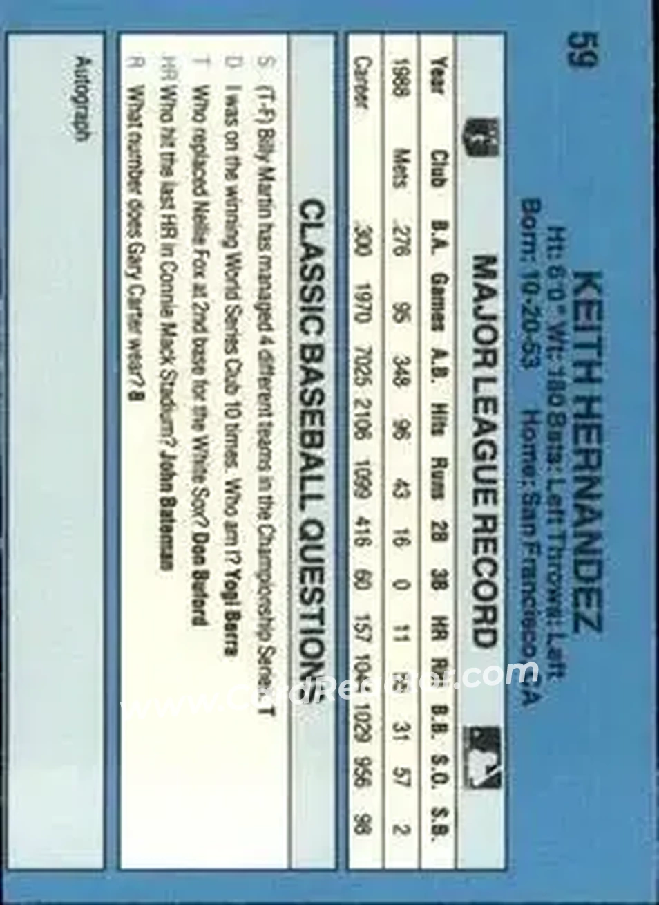 1989 Classic #59 - Keith Hernandez - New York Mets - Back 1989 Classic #59 - Keith Hernandez - New York Mets - Back