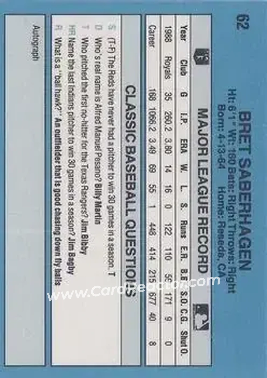 1989 Classic #62 - Bret Saberhagen - Kansas City Royals - Back