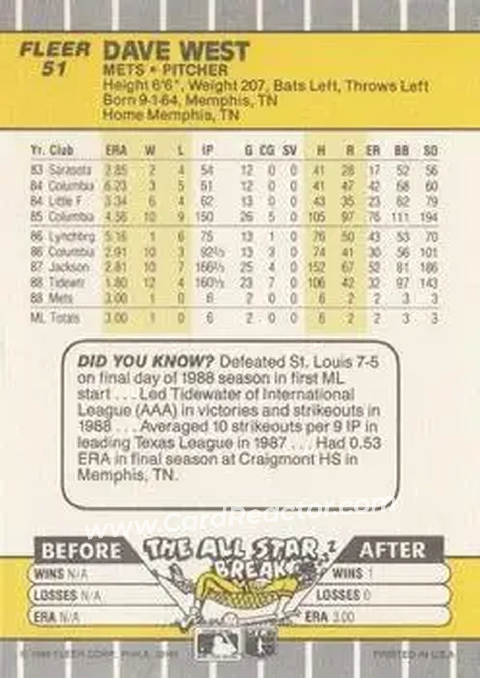 1989 Fleer #51 - David West - New York Mets - Back 1989 Fleer #51 - David West - New York Mets - Back