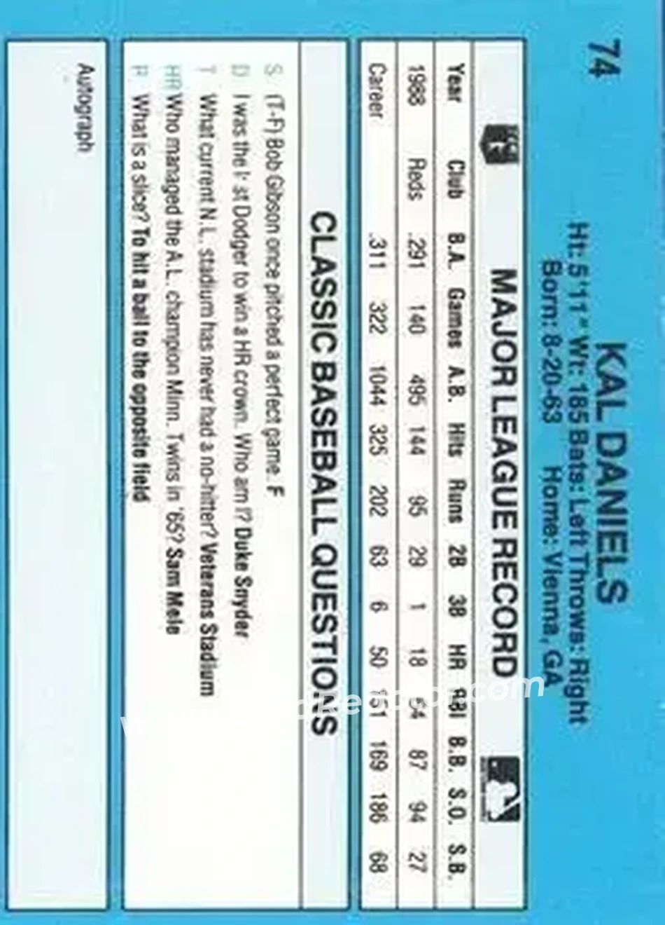 1989 Classic #74 - Kal Daniels - Cincinnati Reds - Back 1989 Classic #74 - Kal Daniels - Cincinnati Reds - Back