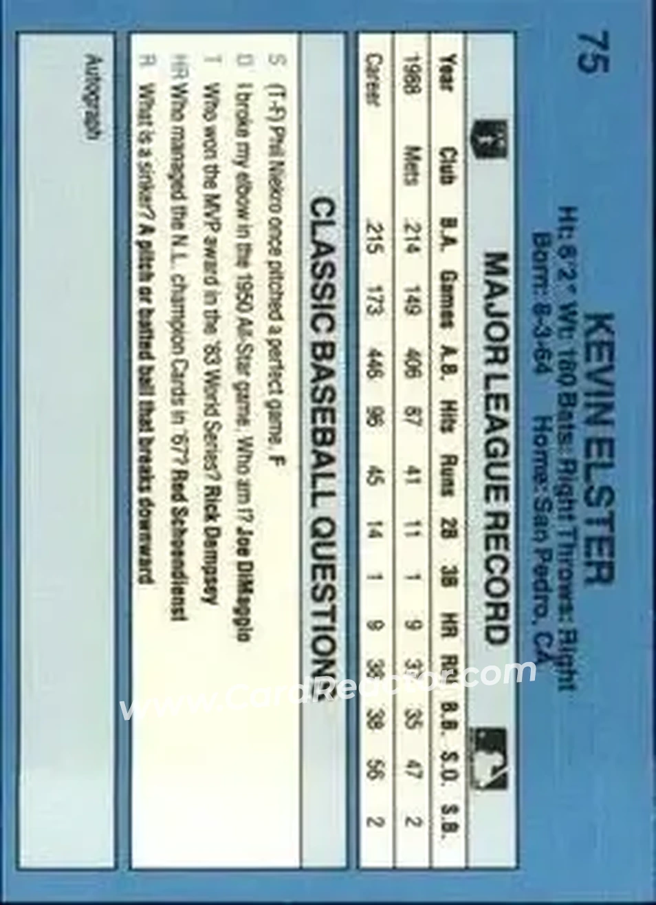 1989 Classic #75 - Kevin Elster - New York Mets - Back