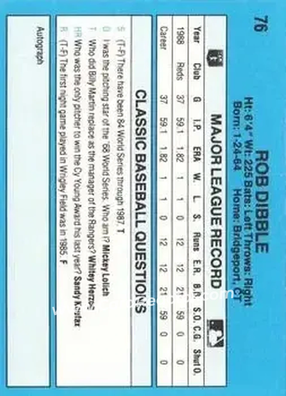 1989 Classic #76 - Rob Dibble - Cincinnati Reds - Back 1989 Classic #76 - Rob Dibble - Cincinnati Reds - Back