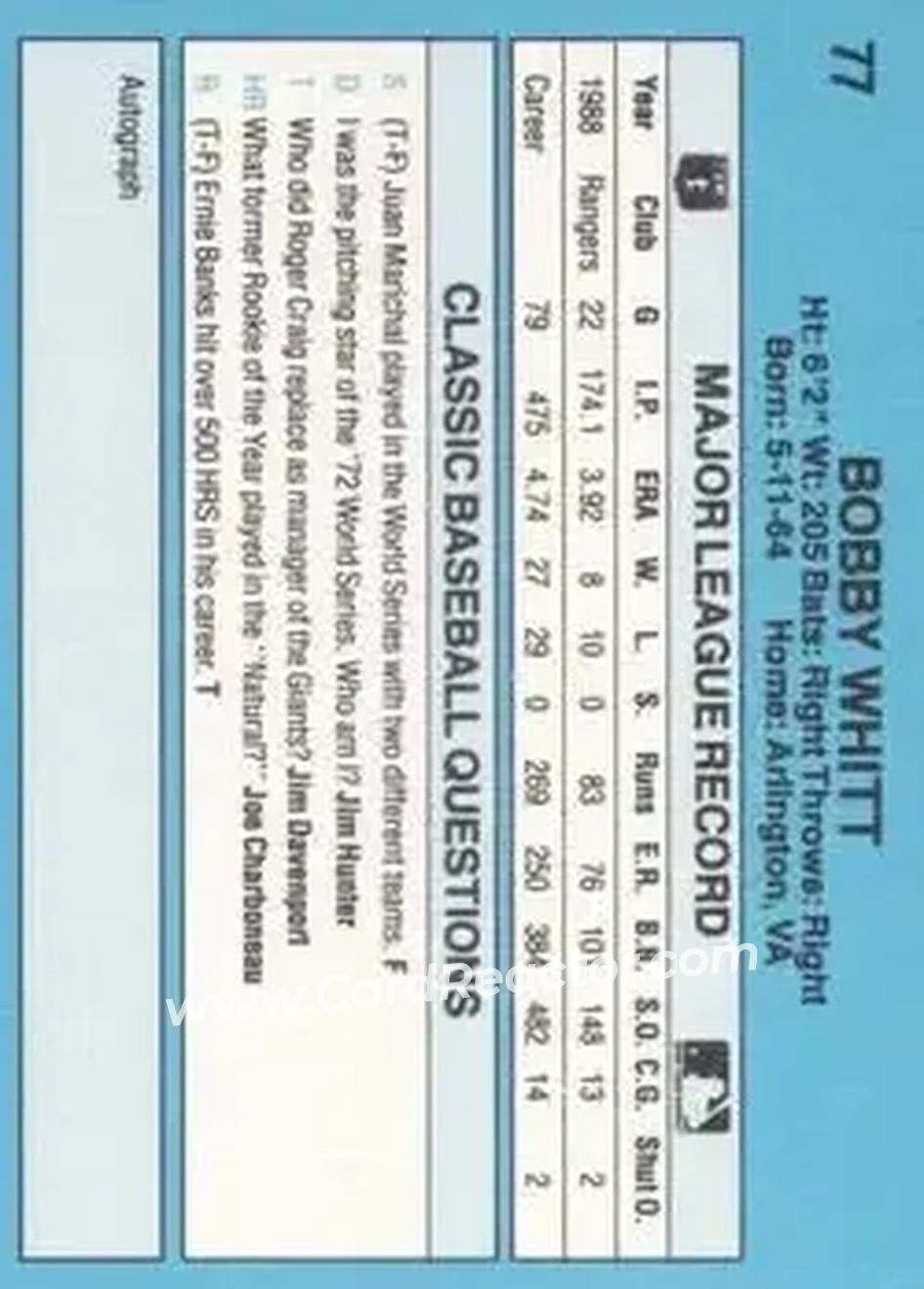 1989 Classic #77 - Bobby Witt - Texas Rangers - Back