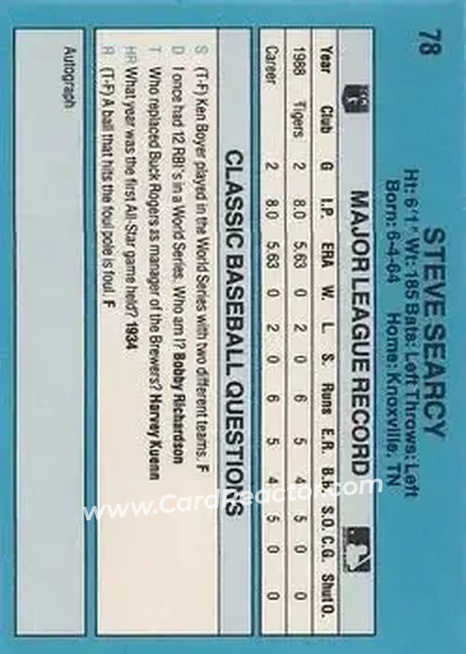 1989 Classic #78 - Steve Searcy - Detroit Tigers - Back