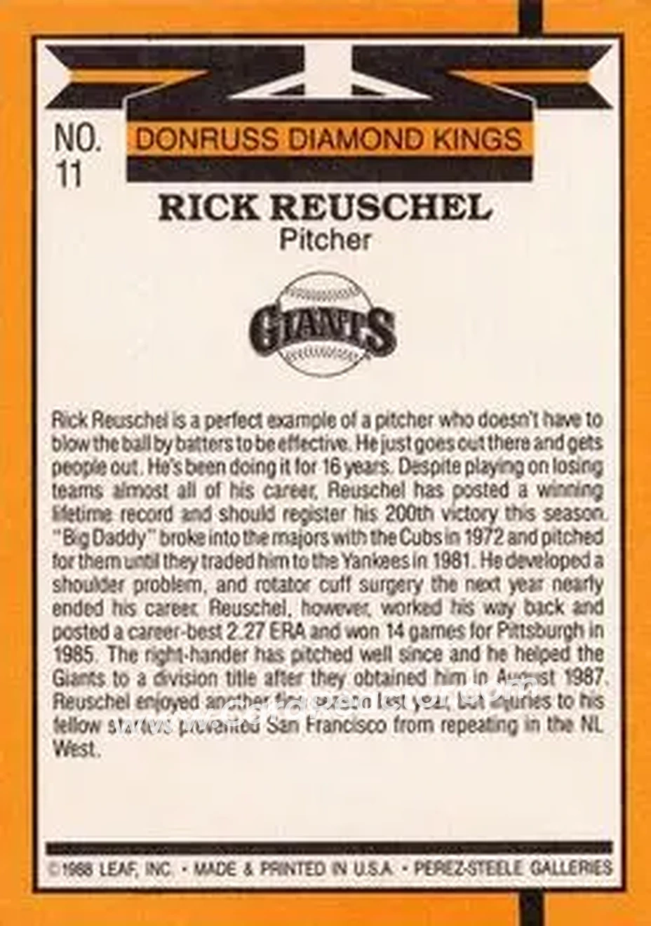 1989 Donruss #11 - Rick Reuschel - San Francisco Giants - Back 1989 Donruss #11 - Rick Reuschel - San Francisco Giants - Back