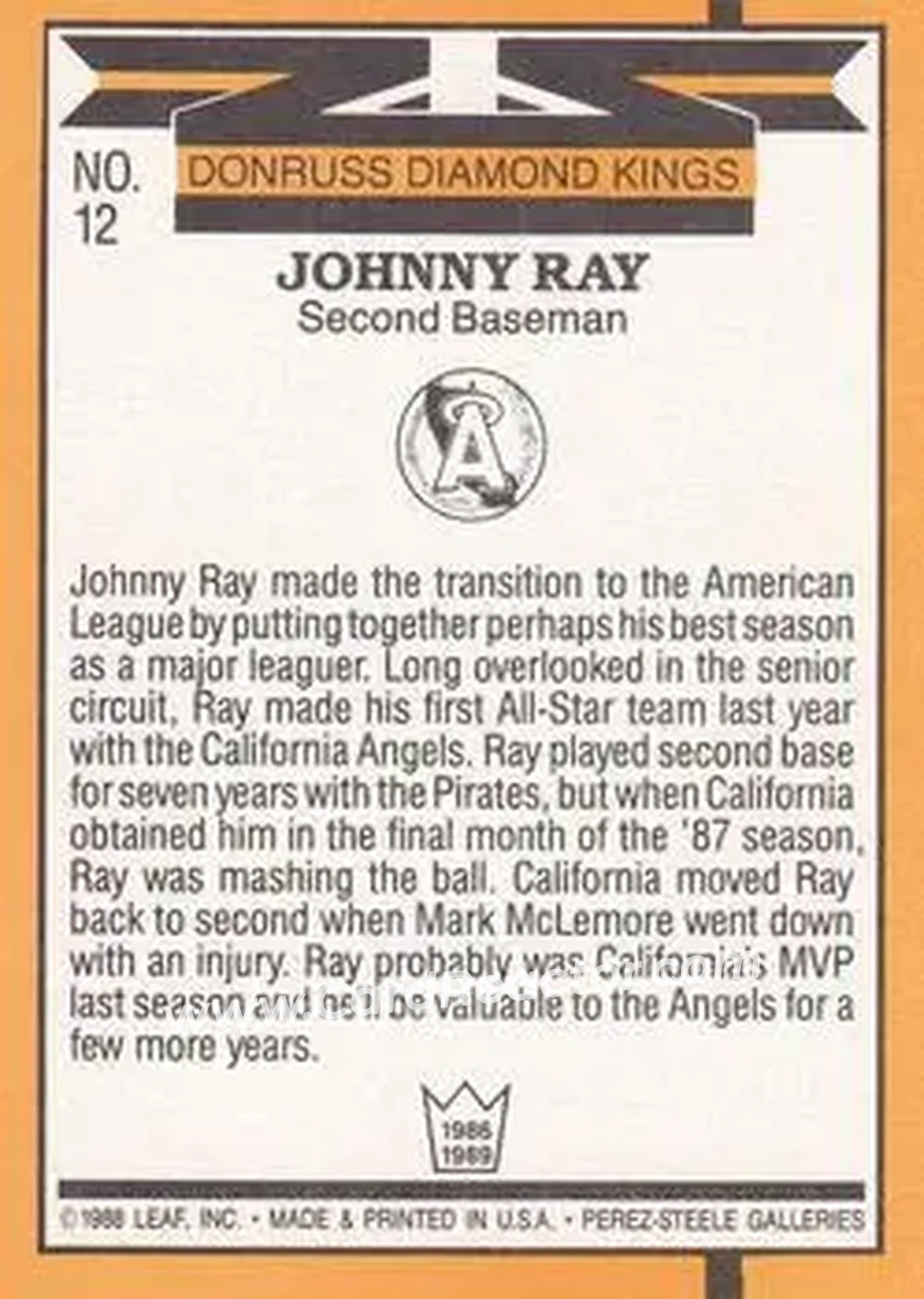 1989 Donruss #12 - Johnny Ray - California Angels - Back