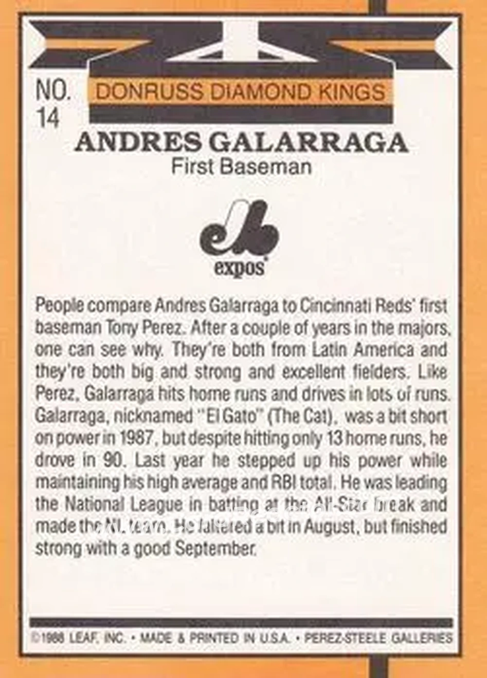 1989 Donruss #14 - Andres Galarraga - Montreal Expos - Back 1989 Donruss #14 - Andres Galarraga - Montreal Expos - Back