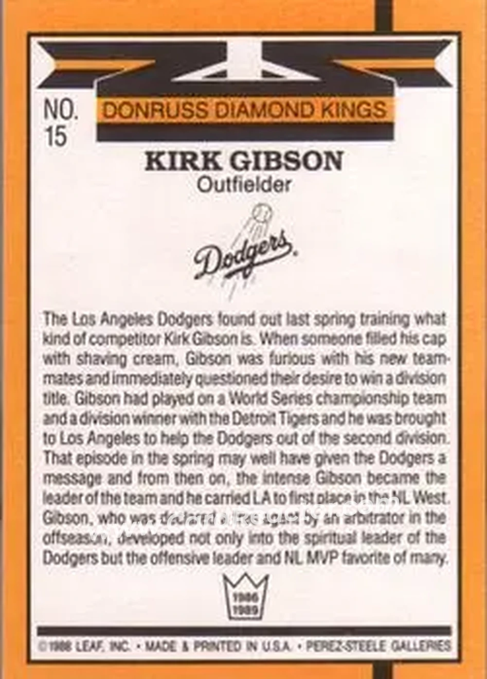 1989 Donruss #15 - Kirk Gibson - Los Angeles Dodgers - Back