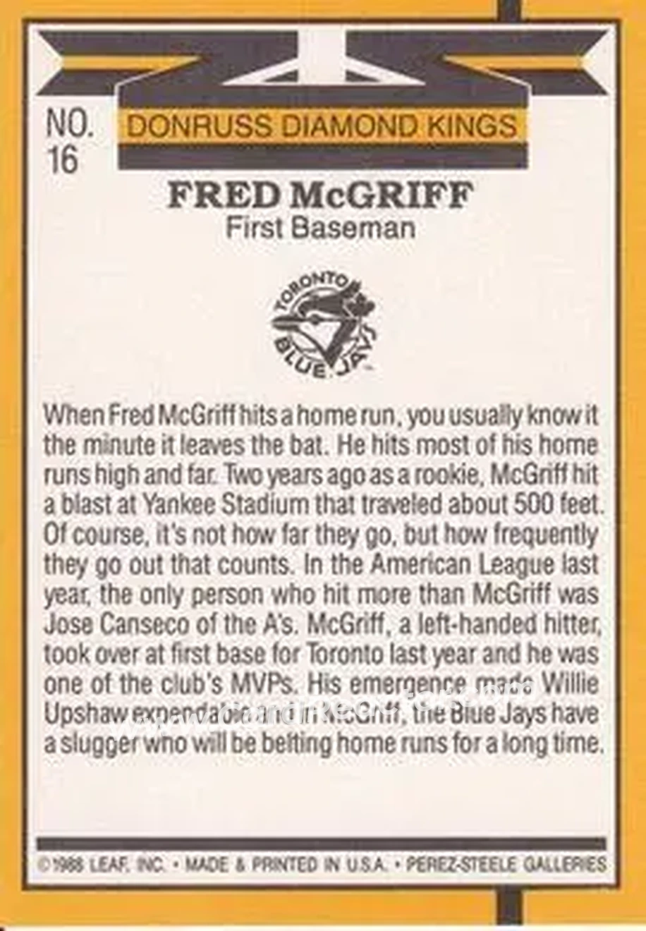 1989 Donruss #16 - Fred McGriff - Toronto Blue Jays - Back