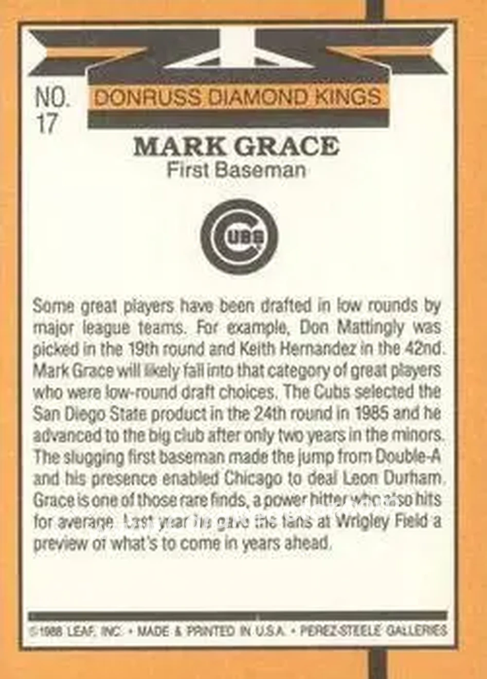 1989 Donruss #17 - Mark Grace - Chicago Cubs - Back