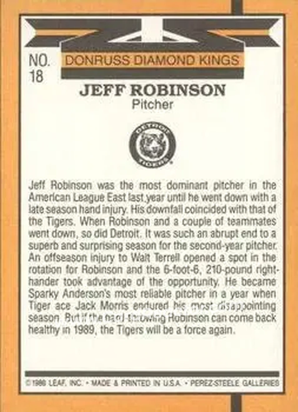 1989 Donruss #18 - Jeff Robinson - Detroit Tigers - Back
