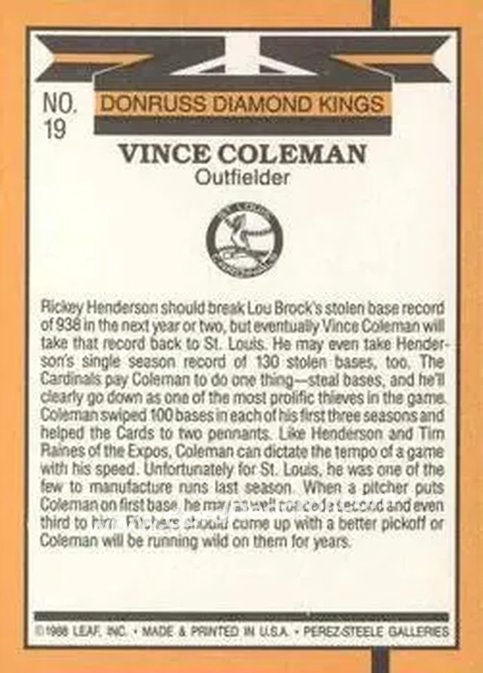1989 Donruss #19 - Vince Coleman - St. Louis Cardinals - Back 1989 Donruss #19 - Vince Coleman - St. Louis Cardinals - Back