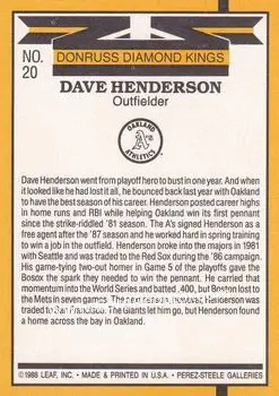 1989 Donruss #20 - Dave Henderson - Oakland Athletics - Back