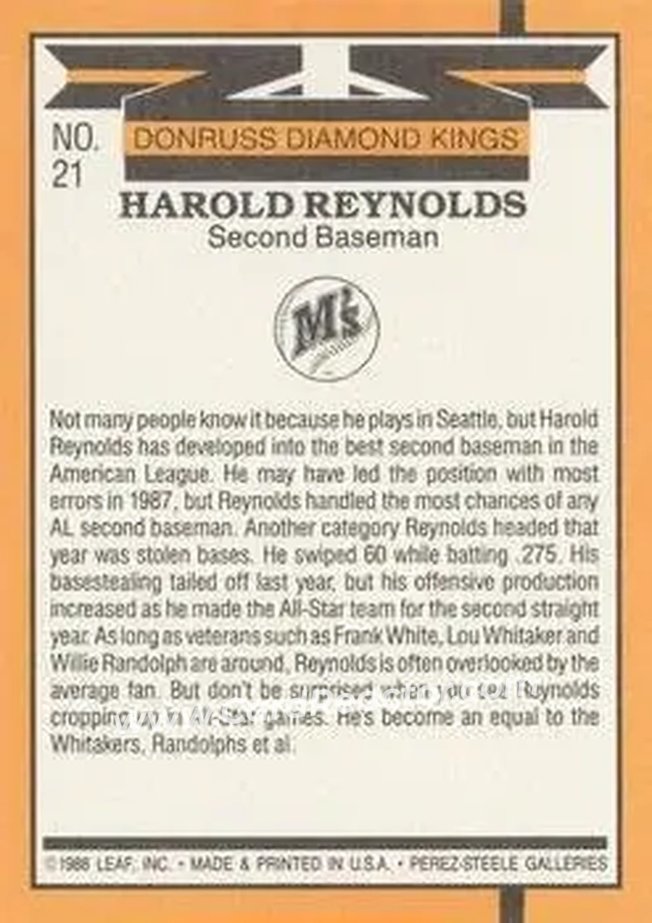1989 Donruss #21 - Harold Reynolds - Seattle Mariners - Back