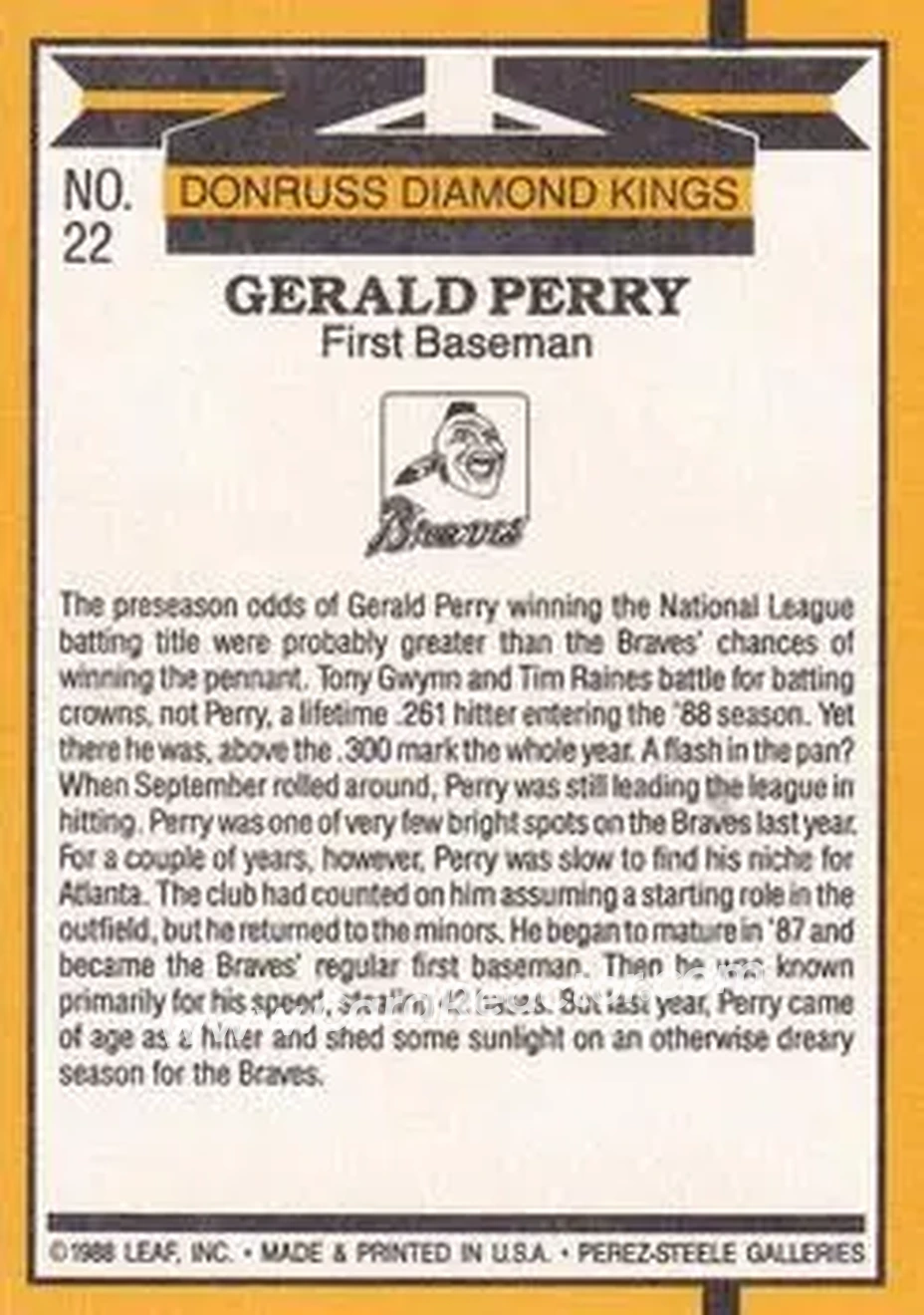 1989 Donruss #22 - Gerald Perry - Atlanta Braves - Back
