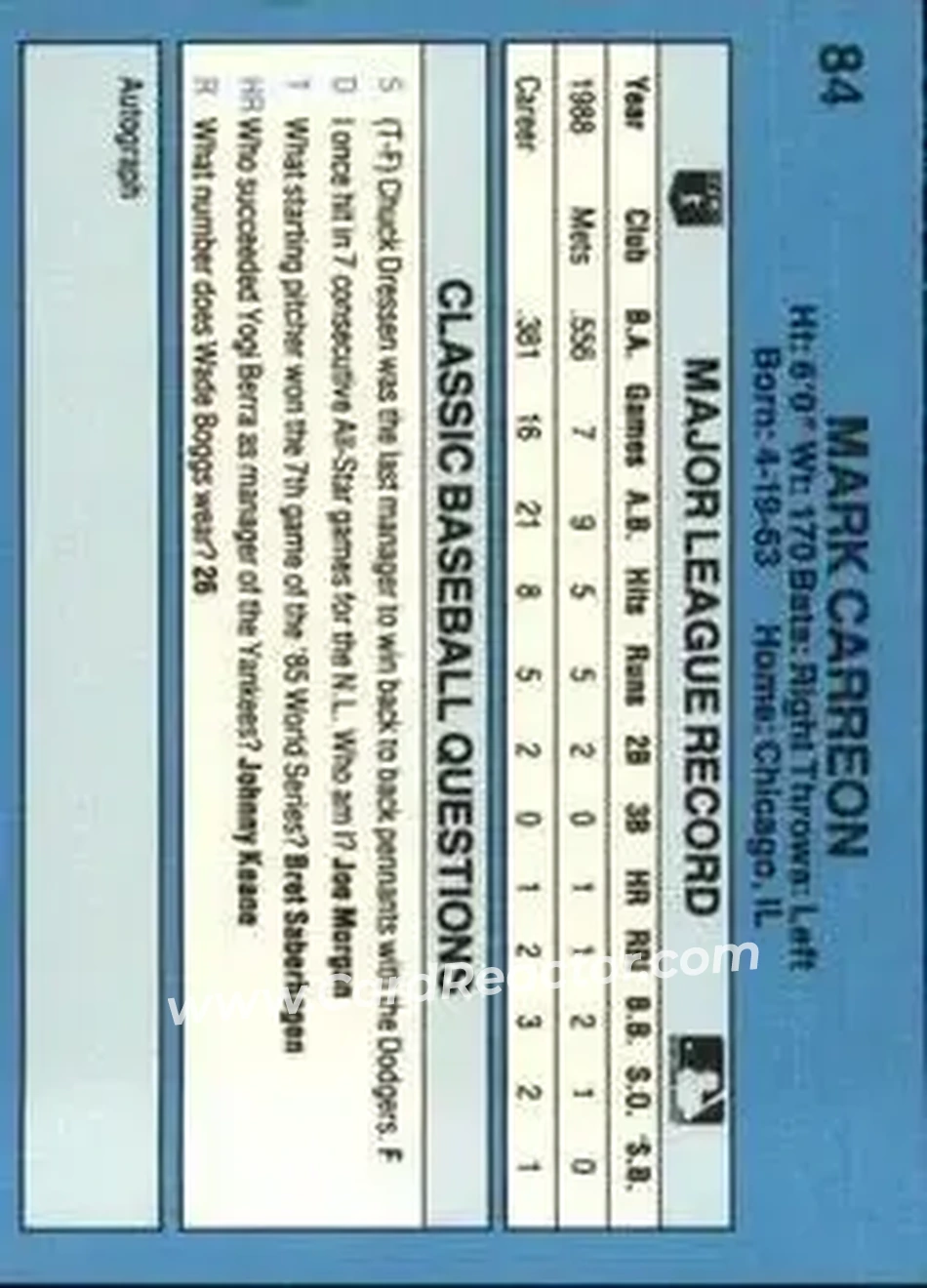 1989 Classic #84 - Mark Carreon - New York Mets - Back