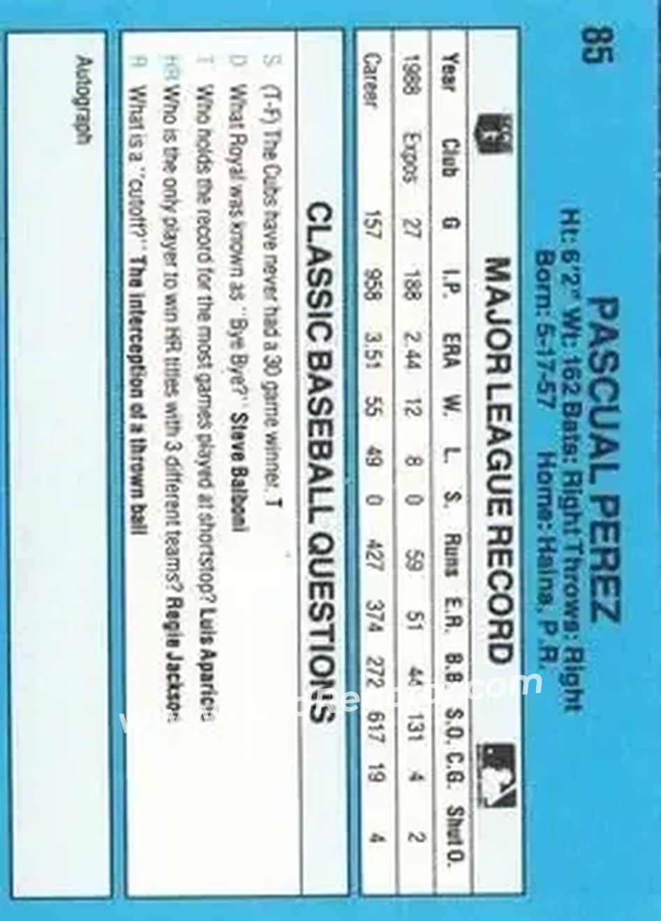 1989 Classic #85 - Pascual Perez - Montreal Expos - Back