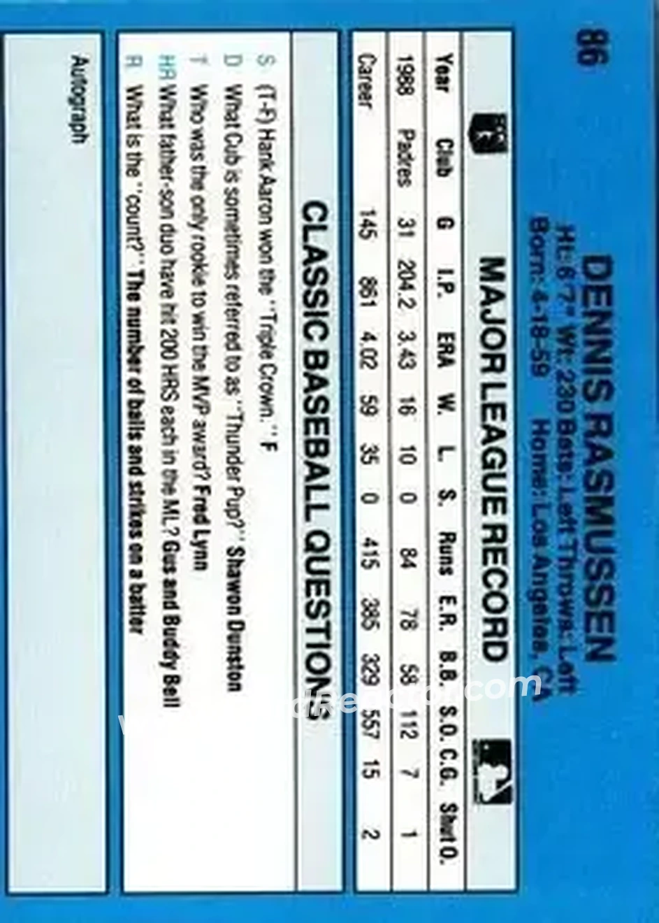 1989 Classic #86 - Dennis Rasmussen - San Diego Padres - Back
