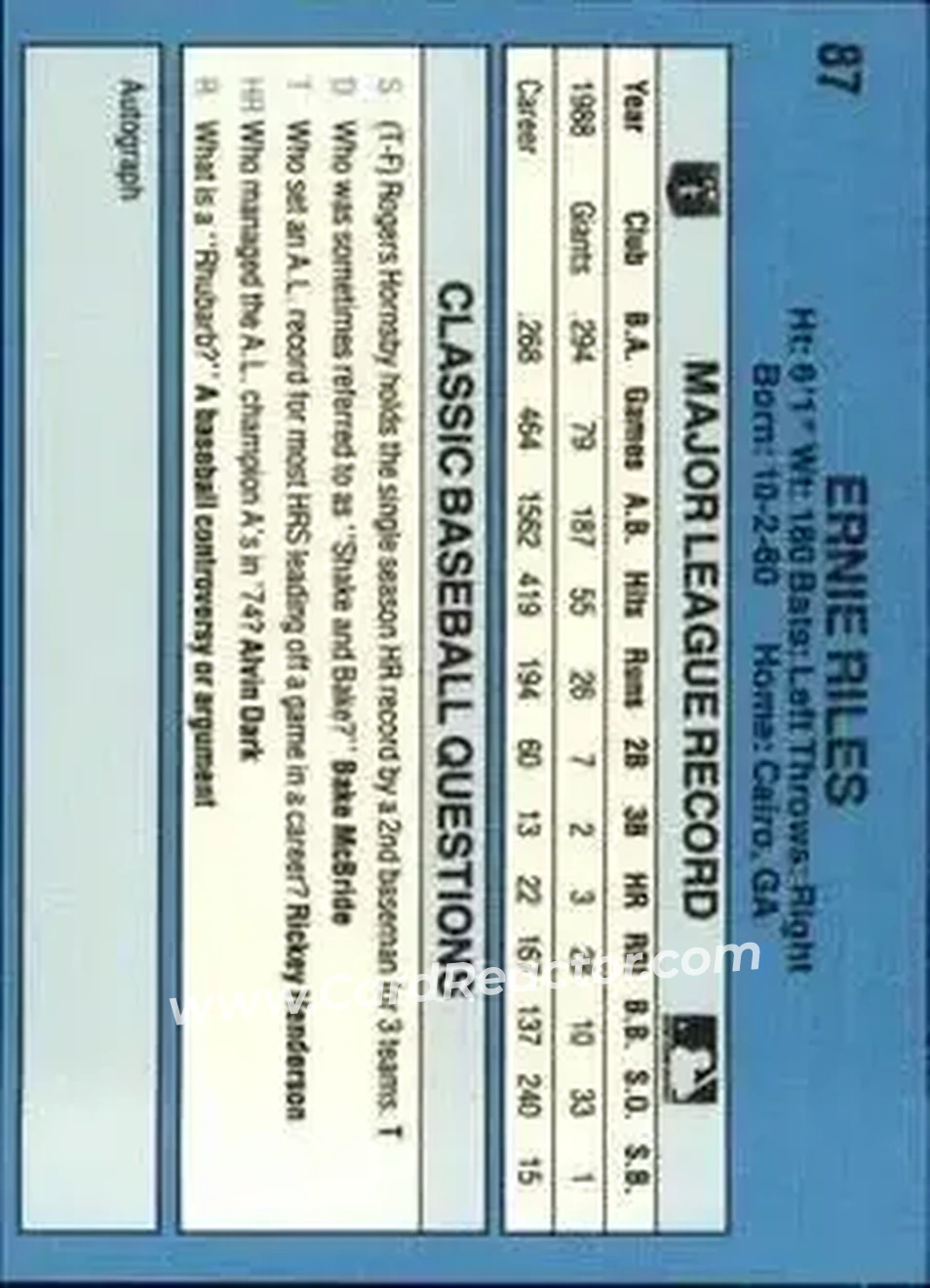 1989 Classic #87 - Earnie Riles - San Francisco Giants - Back 1989 Classic #87 - Earnie Riles - San Francisco Giants - Back