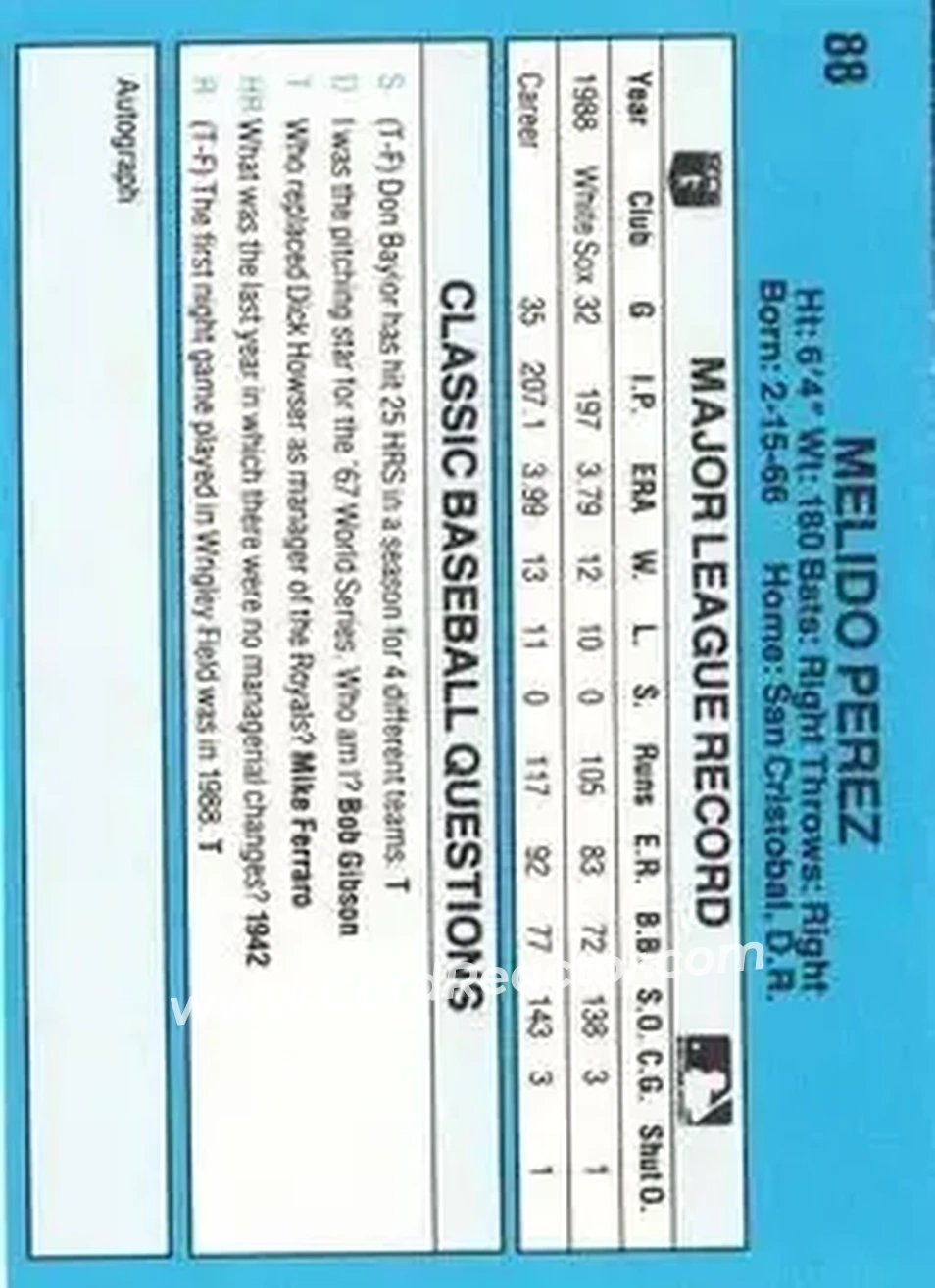1989 Classic #88 - Melido Perez - Chicago White Sox - Back