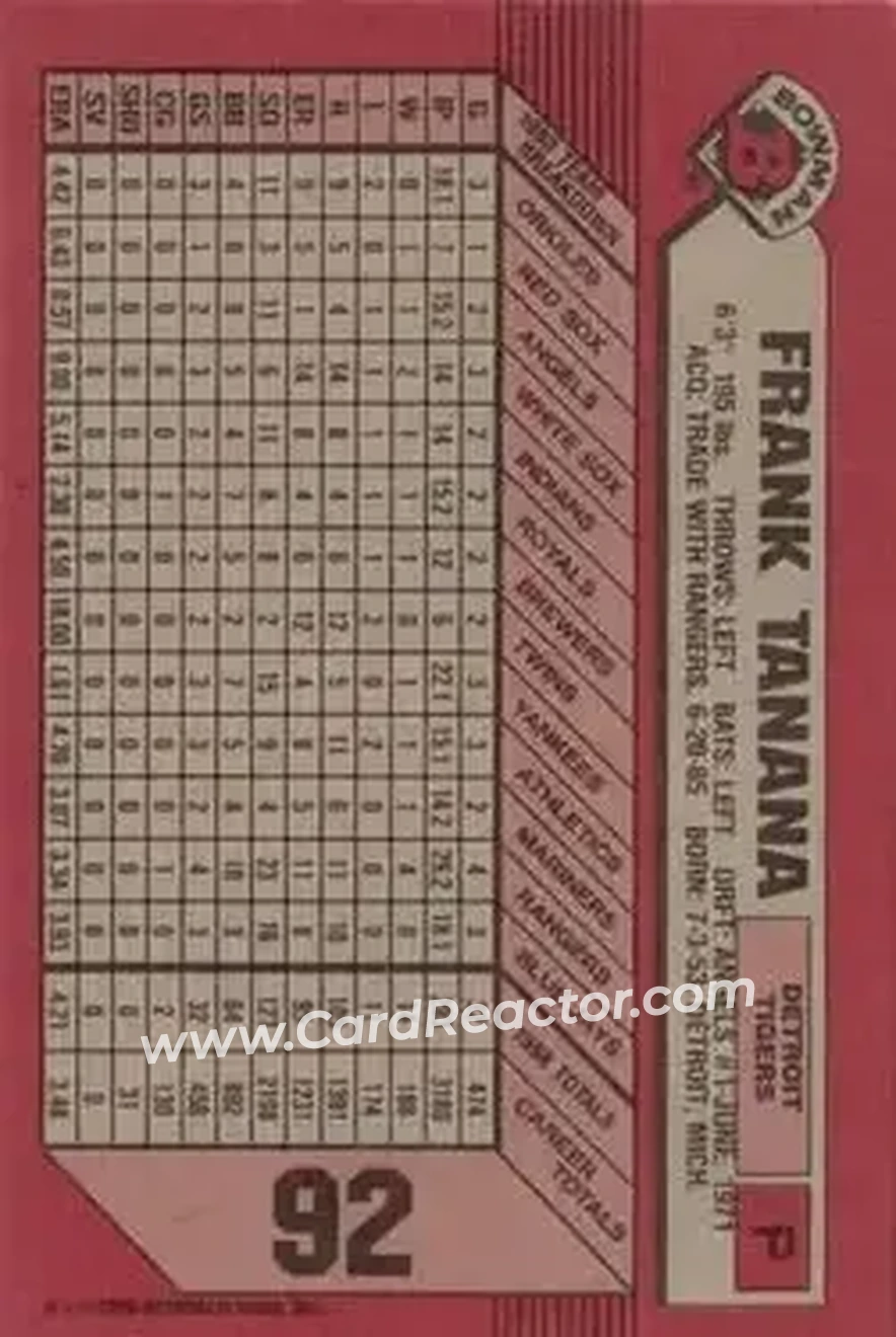 1989 Bowman #92 - Frank Tanana - Detroit Tigers - Back 1989 Bowman #92 - Frank Tanana - Detroit Tigers - Back