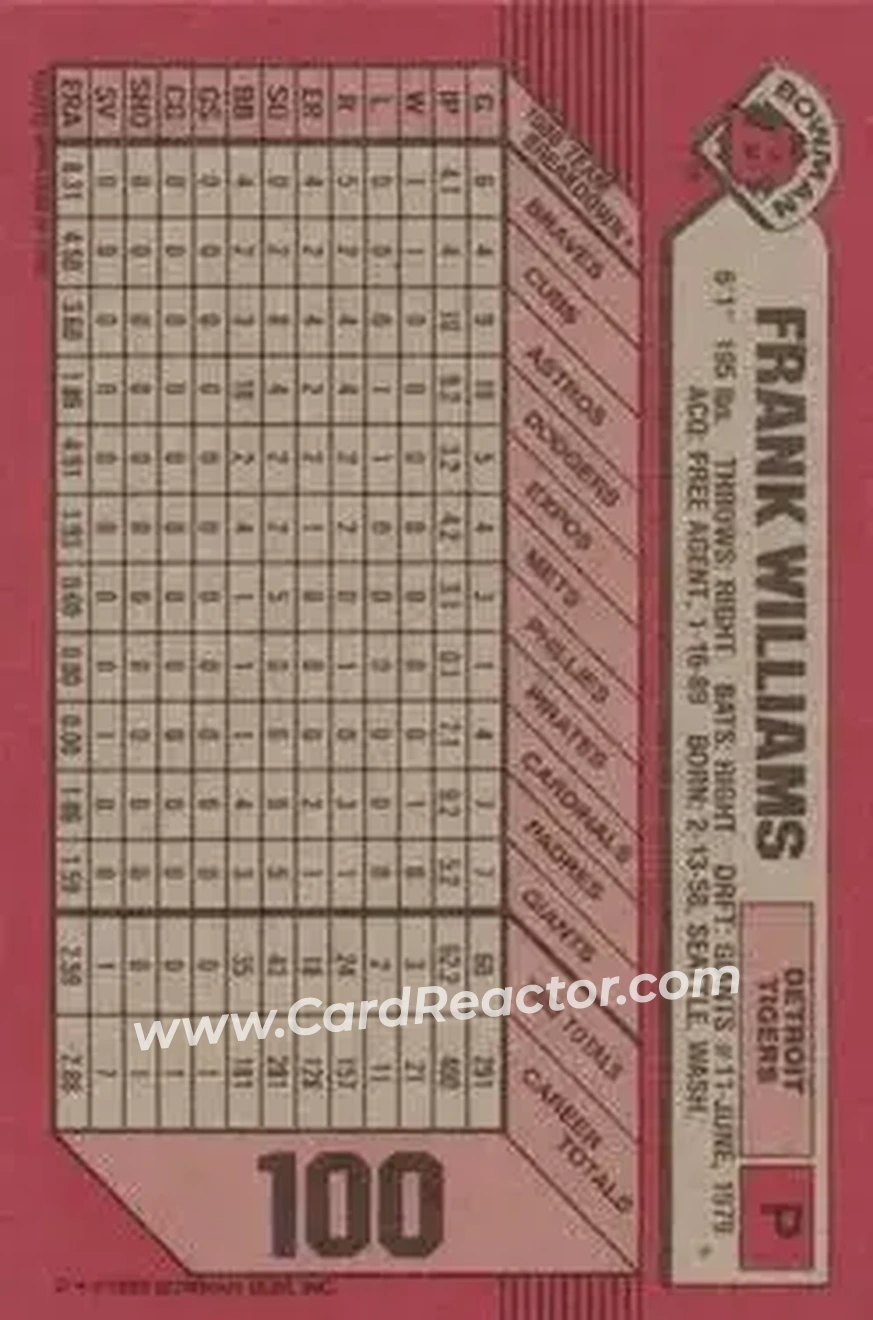 1989 Bowman #100 - Frank Williams - Detroit Tigers - Back