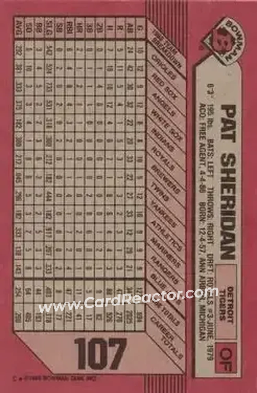 1989 Bowman #107 - Pat Sheridan - Detroit Tigers - Back
