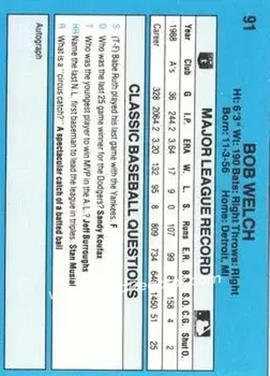 1989 Classic #91 - Bob Welch - Oakland Athletics - Back