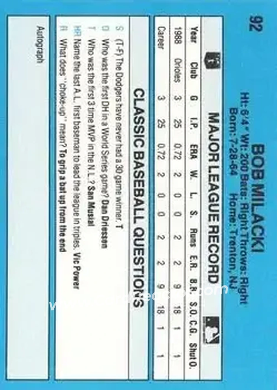 1989 Classic #92 - Bob Milacki - Baltimore Orioles - Back