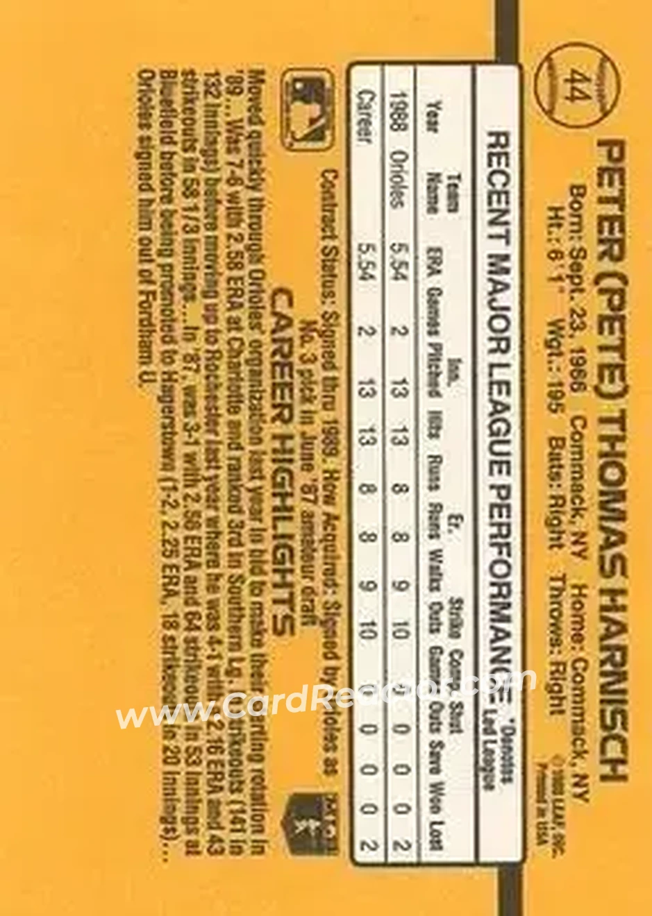 1989 Donruss #44 - Pete Harnisch - Baltimore Orioles - Back 1989 Donruss #44 - Pete Harnisch - Baltimore Orioles - Back