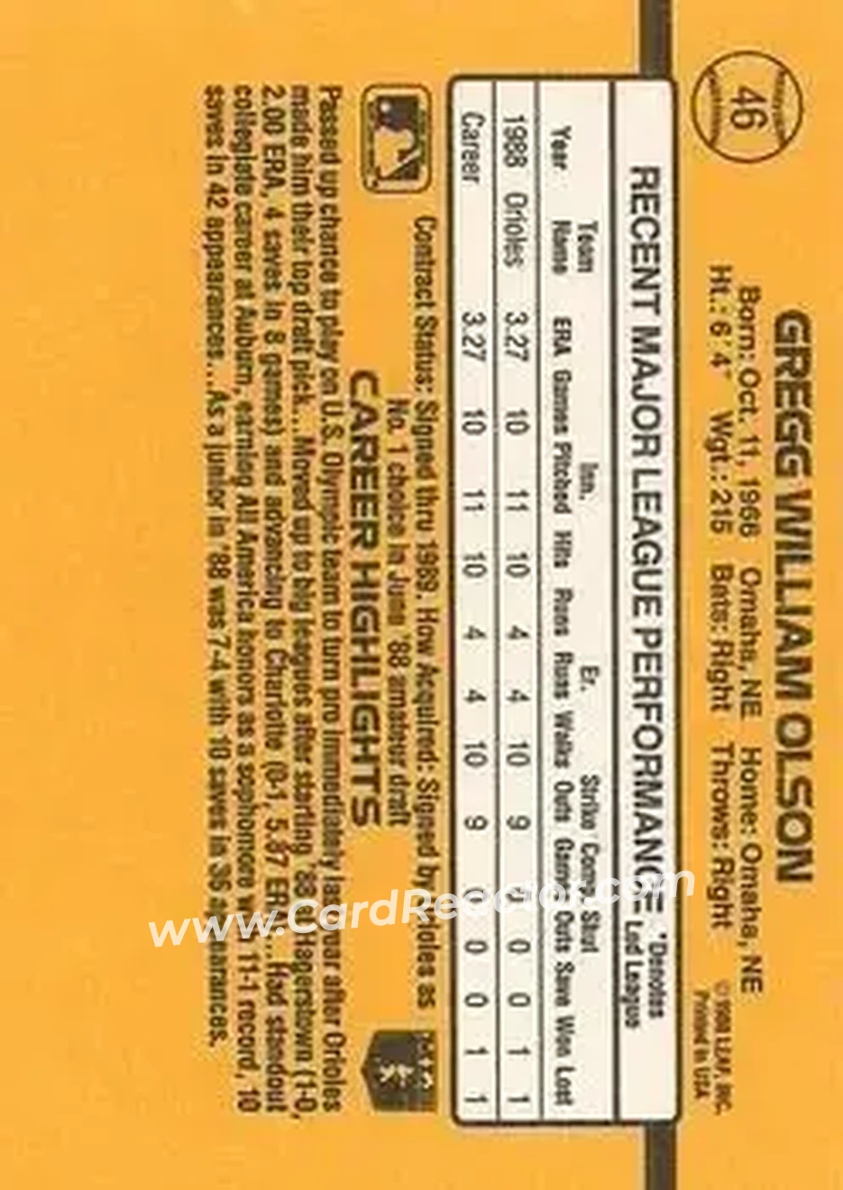 1989 Donruss #46 - Gregg Olson - Baltimore Orioles - Back